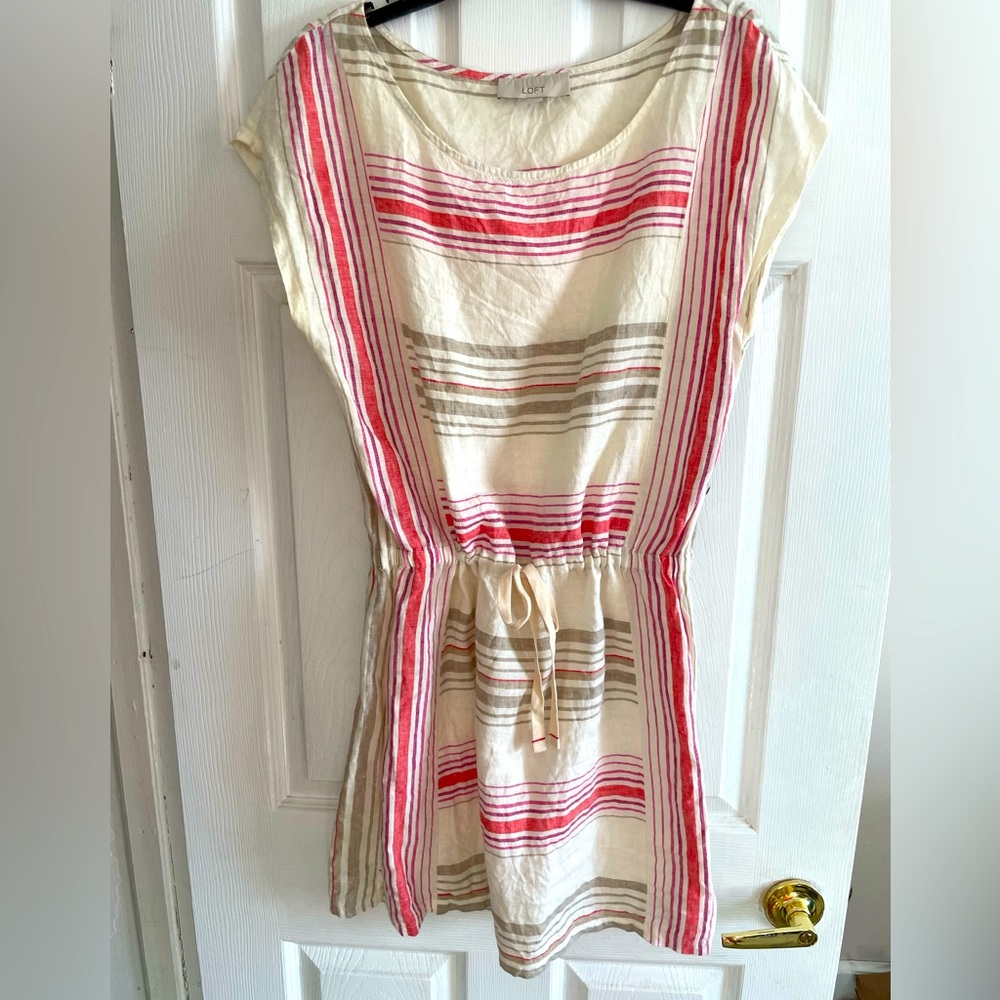 Loft linen mini dress size M, white with pink stripes